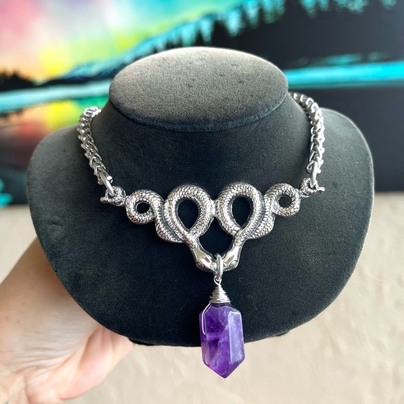Amethyst crystal stone snake charm stainless steel chain necklace goth boho . - Picture 10 of 11